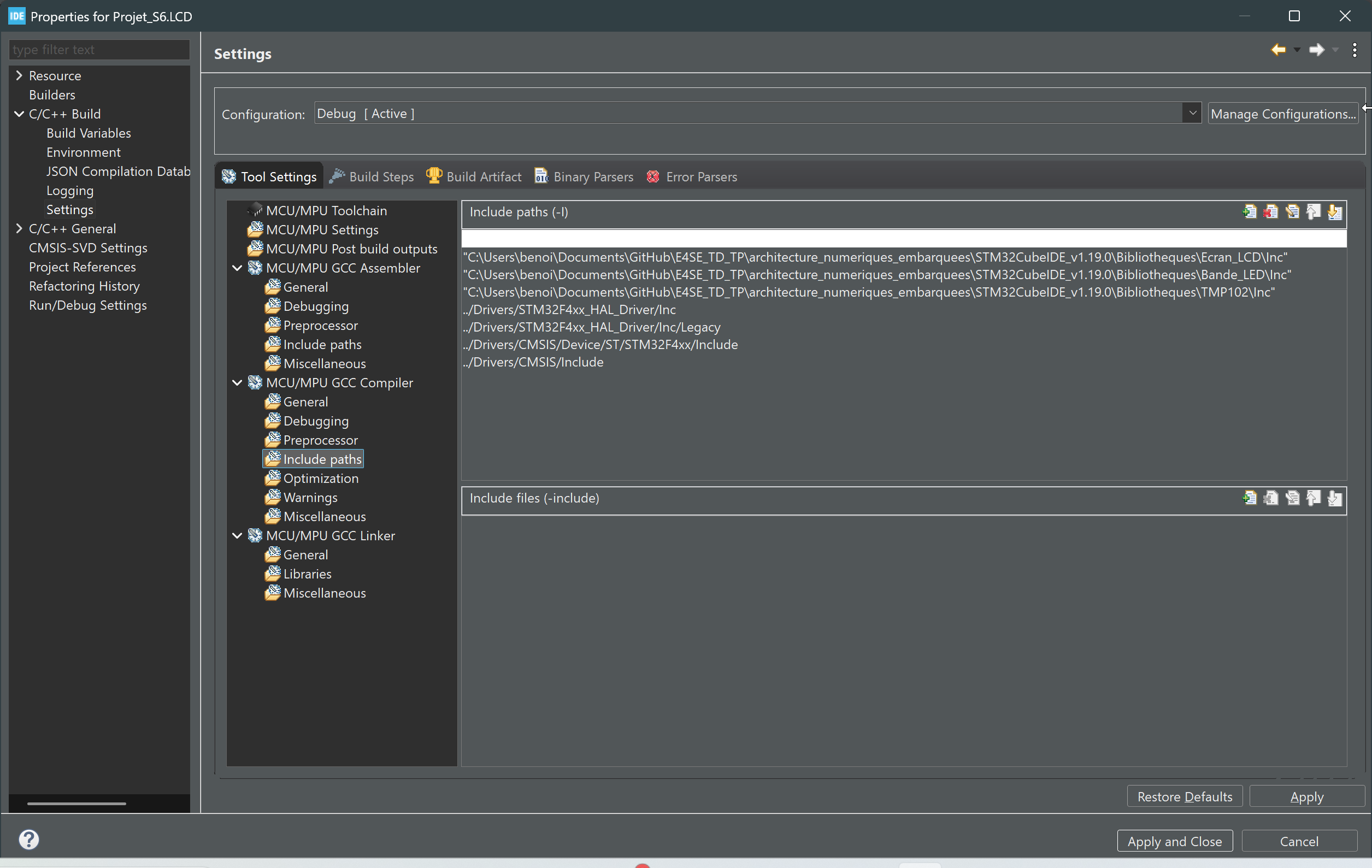 Include path dans project settings